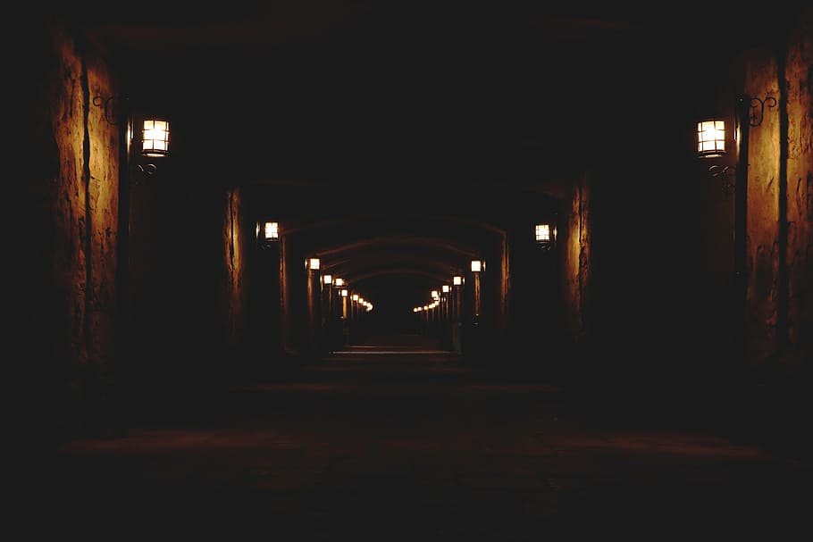 pathway, little, light, dark, night, street, lamp, empty, illuminated, absence