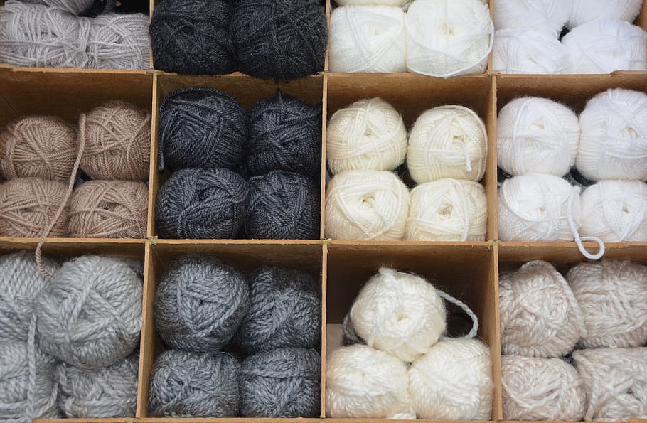 balls of wool, colors, grey, white, ecru, shades, brown, locker, storage, order