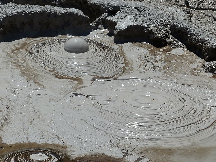 mud, volcano, grey, nature, texture, motion, water, high angle view, day, pattern