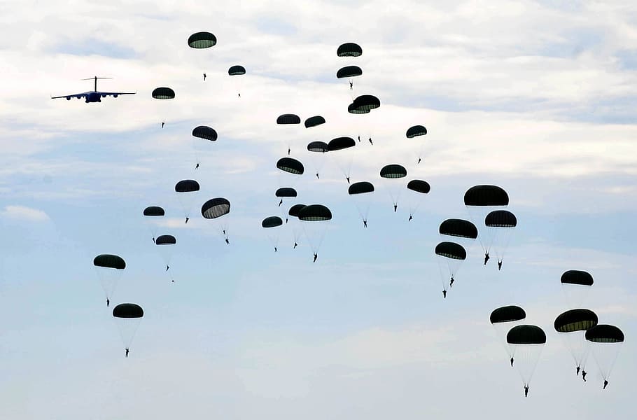 plane, people, parachute, sky, fayetteville, north carolina, clouds, parachuting, airborne, army