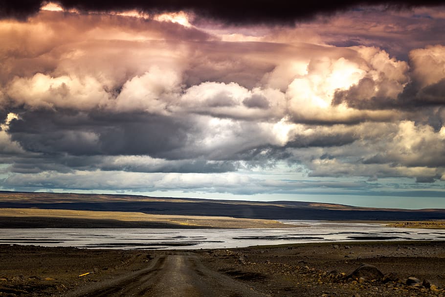 nuvens, caminho, islândia, estrada, paisagem, céu, humor, o horizonte, viagem, panorama