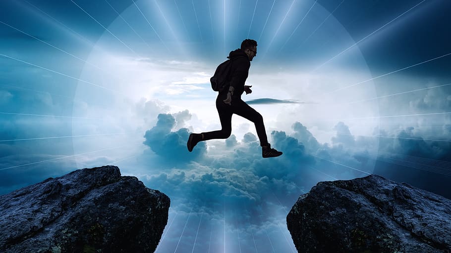 man, jumping, two, rocks, background, clouds, cliff, jump, high, rock