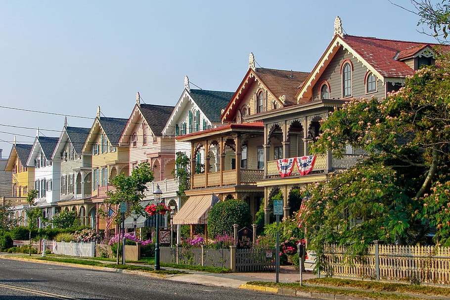 row, wooden, houses, cape may, new jersey, street, town, outside, trees, sky