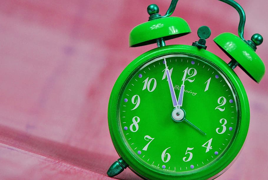 selective, focus photography, green, twin, bell alarm clock, pointing, 11:55, the eleventh hour, mood shifts, late