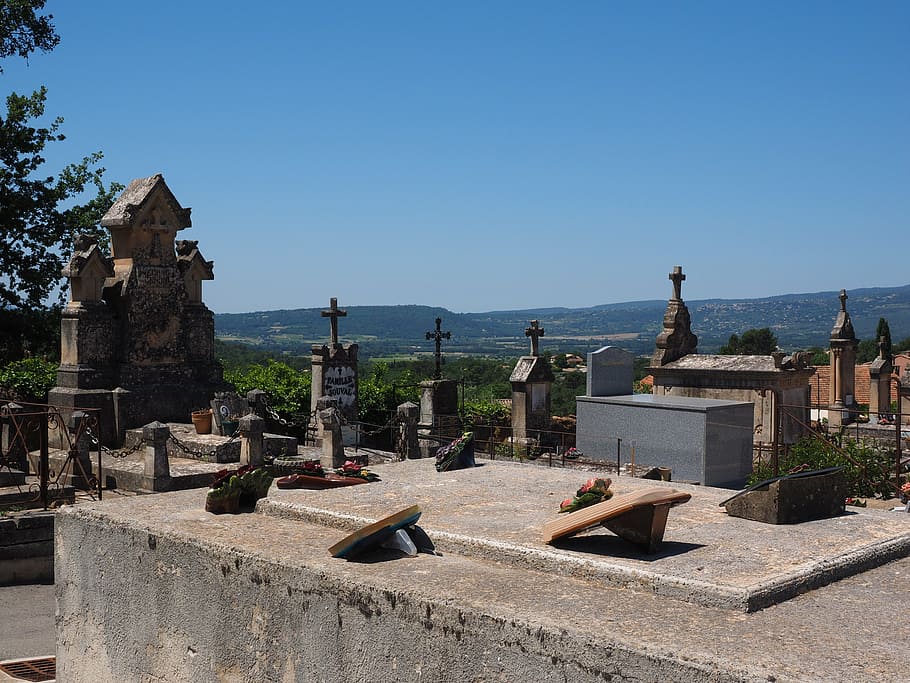 cemetery, graves, gravestone, old cemetery, roussillon, tomb, mourning, grave stones, headstone, memorial stone