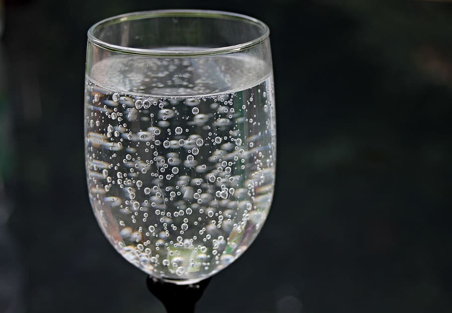 wine bottle, filled, clear, substance, water glass, water, mineral water, bubble, beads, carbonic acid