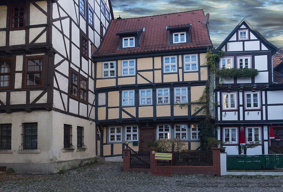 旧市街, quedilnburg, fachwerkhäuser, パッチ, fachwerkhaus, ファサード, 路地, 古い窓, hauswand, センター