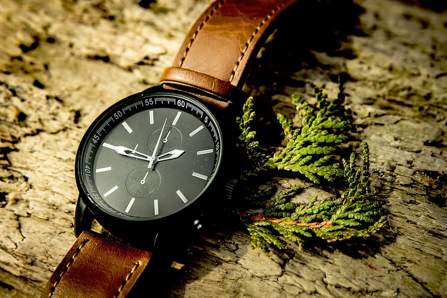 round, black, chronograph, watch, green, leaf, wood, accessories, time, brown