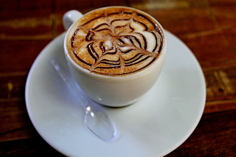 café com leite], capuccino, café, xícara, xícara de café, xícara de porcelana, café projetado, café decorado, bebida, marrom