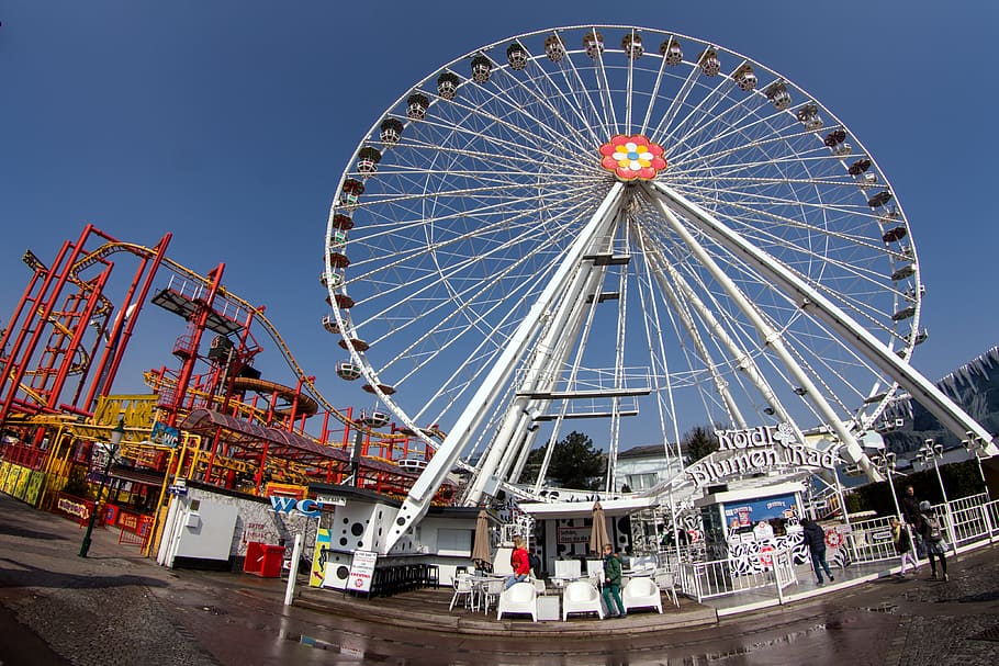 Prater, Vienna, Ferris Wheel, fisheye lens, amusement park, ride, attraction, amusement park ride, traveling carnival, city life