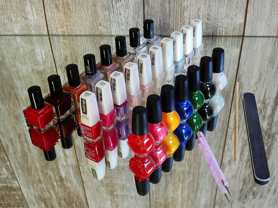 line, assorted-color nail lacquer bottles, nail tools, nail varnish, fingernails, manicure, paint, nails, toe nails, fashionable