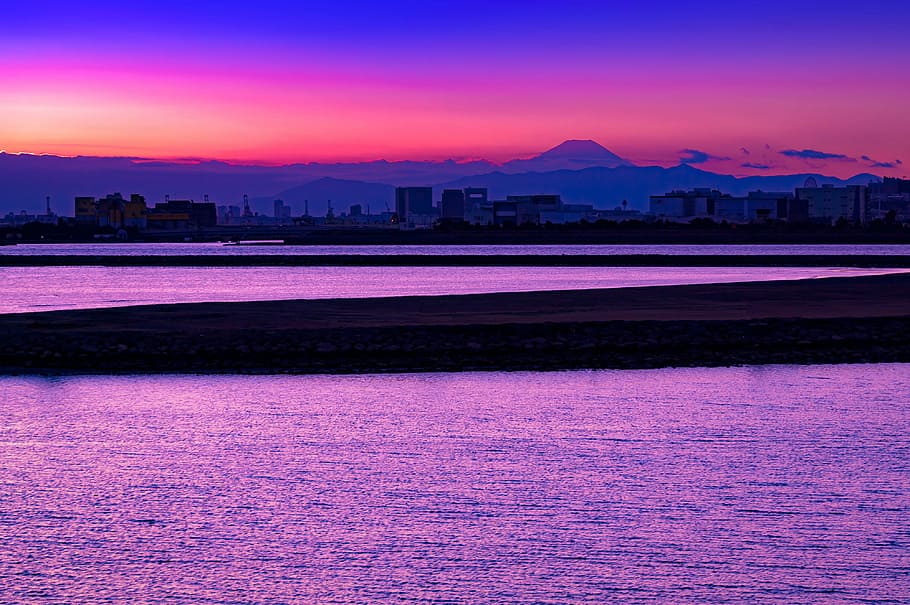 panoramic, photography, city buildings, sunset, mt fuji, sea, water, sea of clouds, at dusk, japan