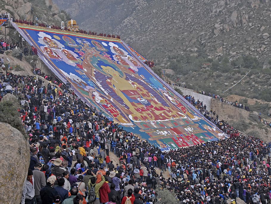修道院, drepung, ラサ, チベット, ショットン, タンカ, 人々, 群衆, 大勢の人々, 人々の集まり