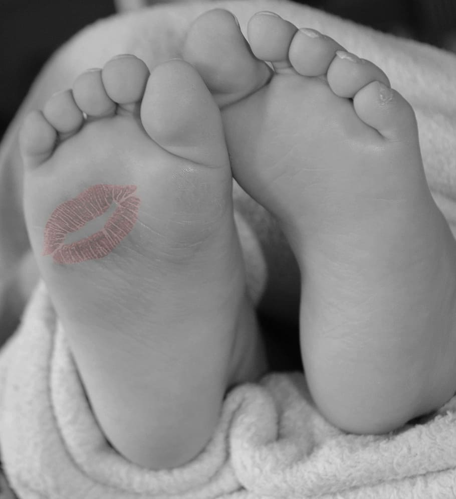 selective, color photography, red, kiss mark, foot, selective color photography, red kiss, feet, baby, kiss
