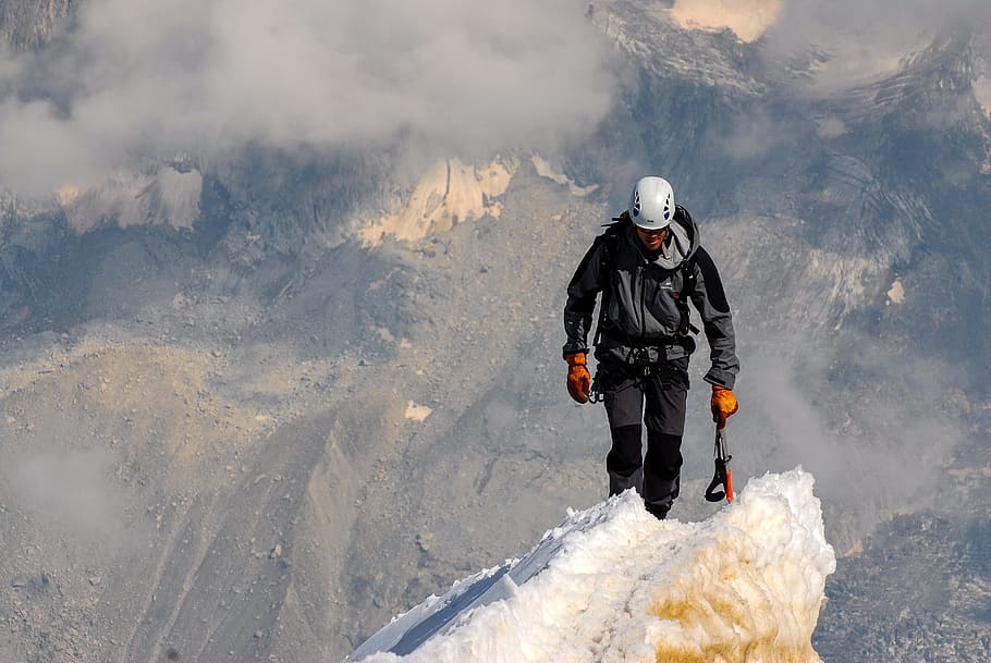 man, wearing, jacket, walking, mountain, covered, ice, summit, climb, climbing