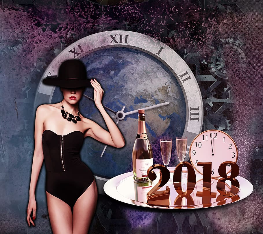 woman, black, monokini, new year, 2018, festival, best wishes, lights, wishes, year