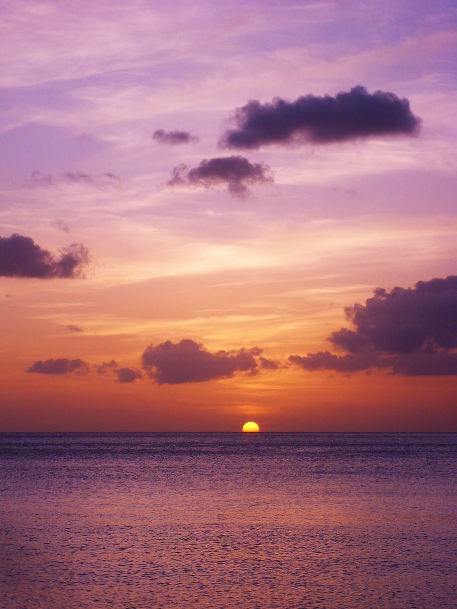 puesta de sol, púrpura, naranja, cielos, crepúsculo, océano, tarde, sol, cielo, paisaje