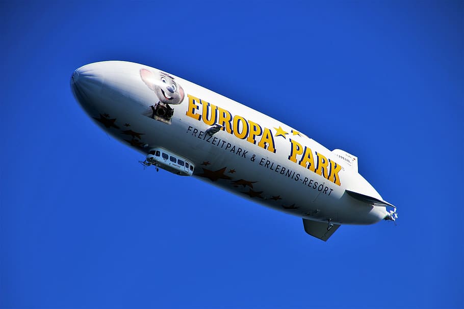 white, europa park plane, flight, zeppelin, places of interest, bodensee, sky, the airship, transport, high