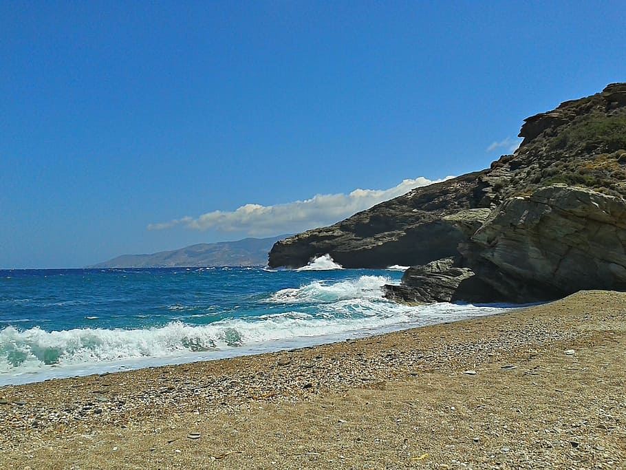 coastline, waves, islands, greece, greek, andros, beach, beachfront, sea, seaside