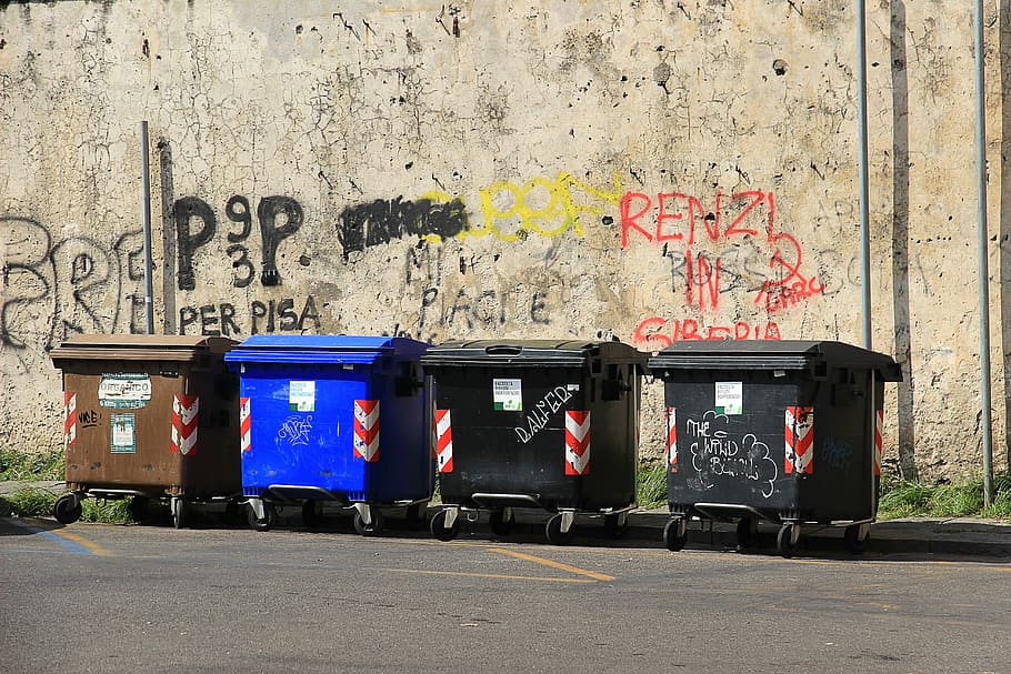 cuatro botes de basura, mülltonnen, triturador de basura, contenedor de basura, contenedor, con ruedas, tonelada, triturador, reciclaje, desperdicio