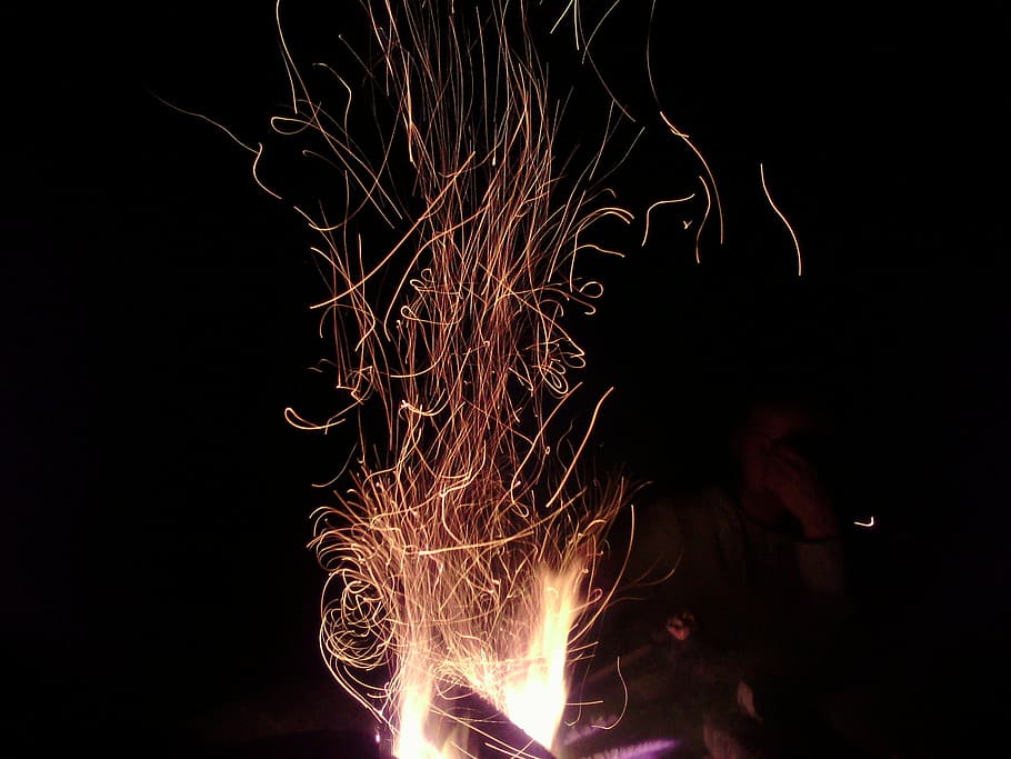 Fire, Spark, Firewood, Koster, Flame, night, heat - temperature, burning, close-up, long exposure