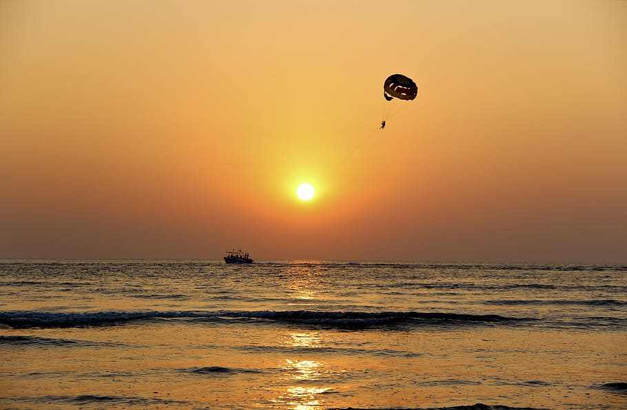 parasailing, golden, hour, silhouette, boat, ocean, sunset, nature, water, sea