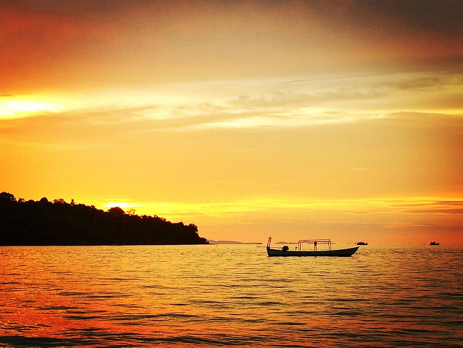 puesta de sol, phnom penh, barco, crepúsculo, mar, embarcación náutica, naturaleza, verano, cielo, anochecer