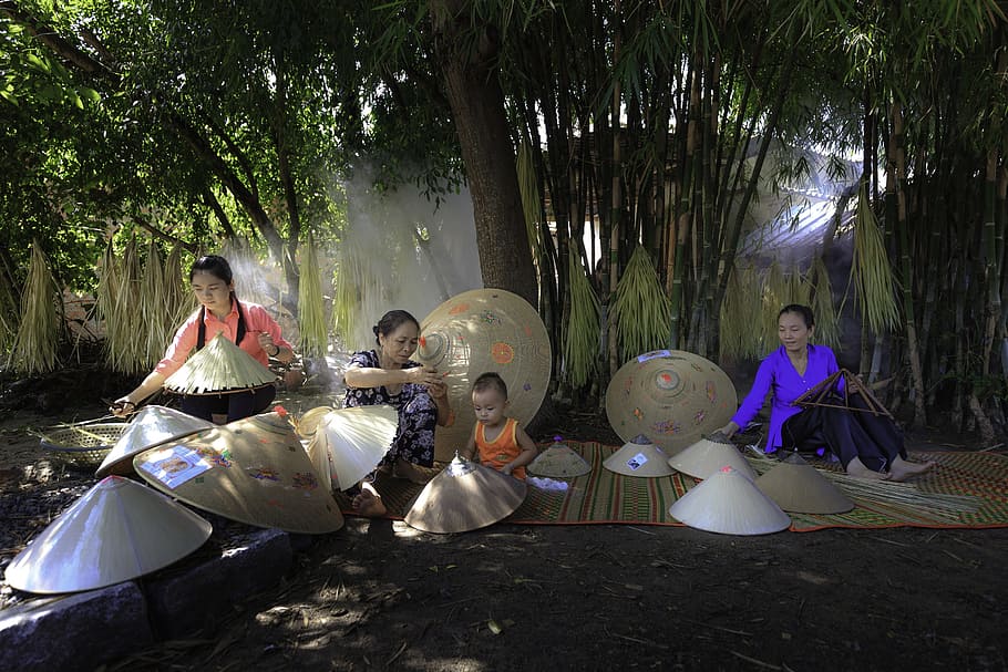 three, woman, baby, sitting, bamboo trees, make the cone leaves, farmer, craft, countryside, women