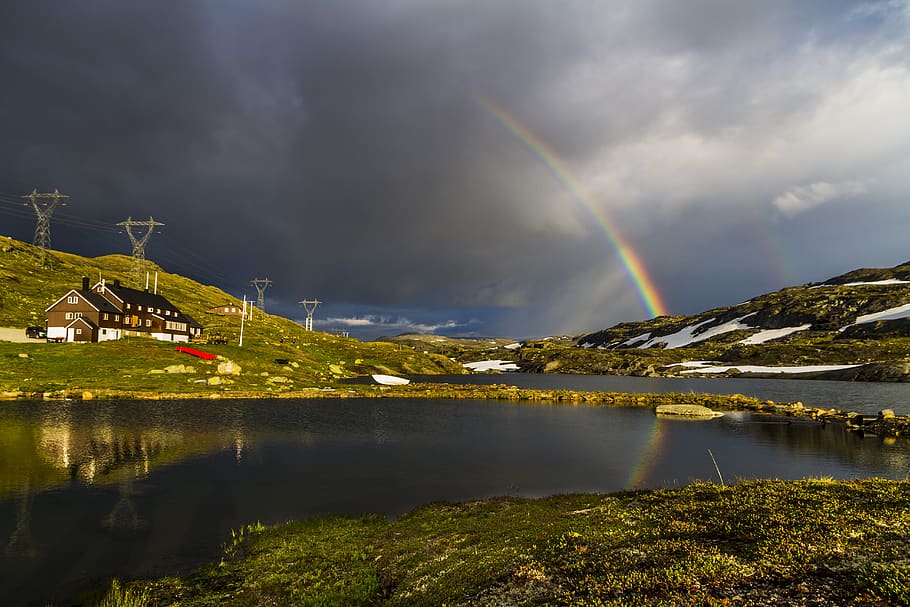 rainbow, water, mountain, landscape, the nature of the, clouds, reflection, cloud - sky, beauty in nature, scenics - nature
