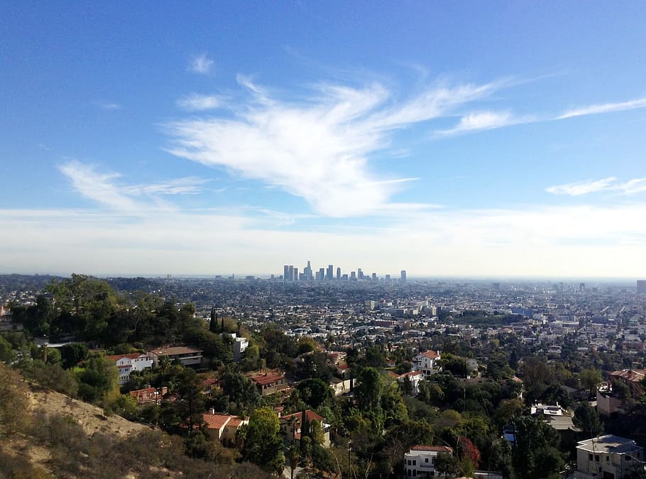 udara, fotografi, Los Angeles, Skyline, Kota, Bangunan, pusat kota, lanskap kota, langit, awan