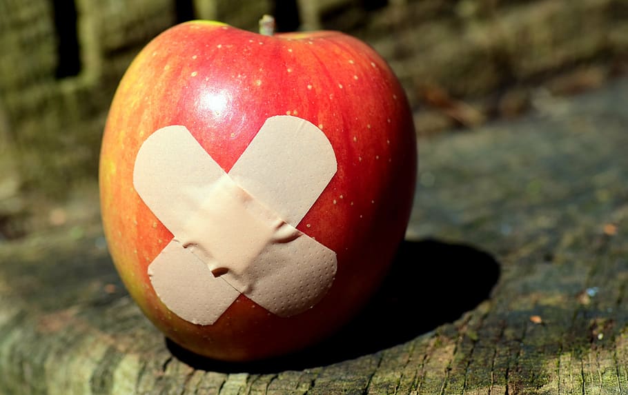apple fruit, band aid, apple, patch, food, get well soon, association, healing, patch up, fruit