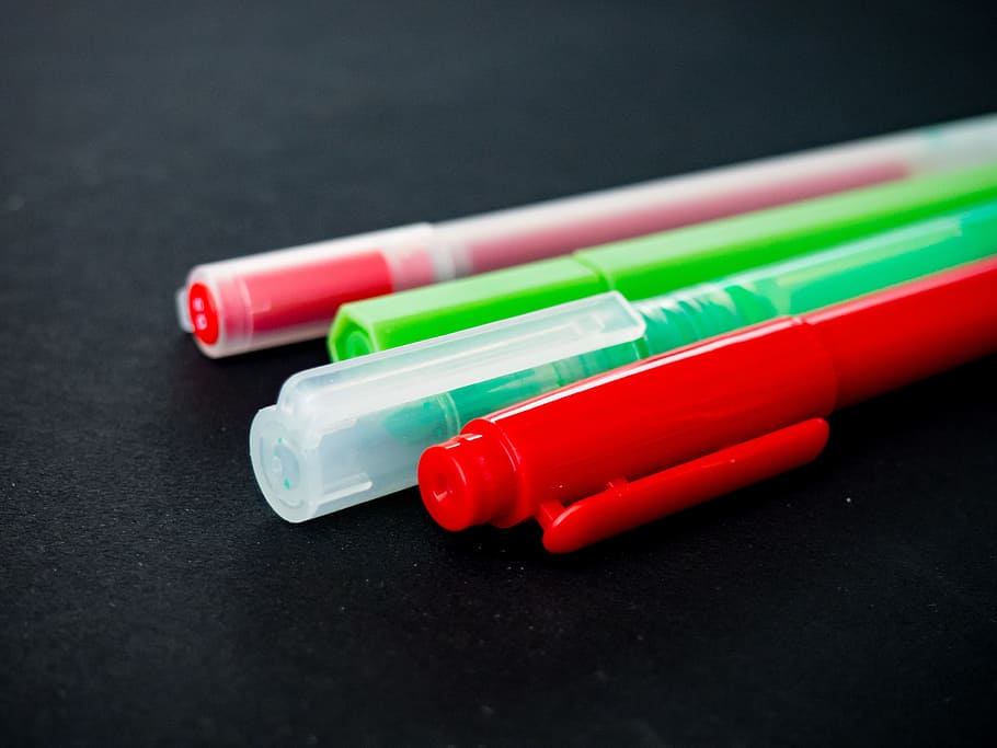 pens, highlighters, marketers, stationary, office, supplies, red, black background, close-up, science