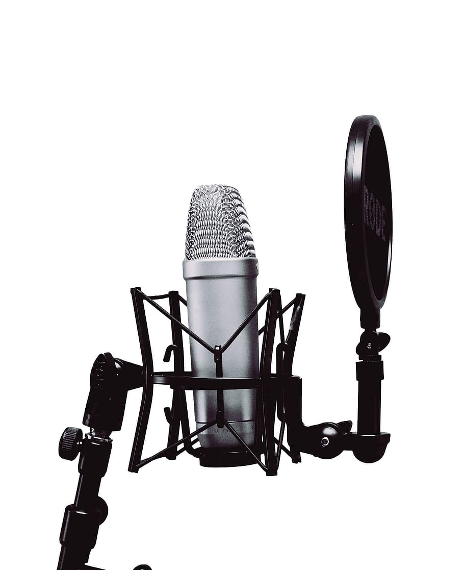mikrofon kondensor abu-abu, mikrofon, vintage, lama, terisolasi, retro, mic, musik, komunikasi, hiburan
