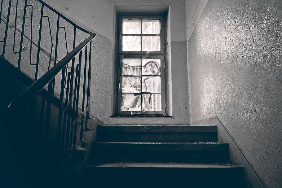 fotografía en escala de grises, escalera, Perdido, Ventana, Escaleras, lugares perdidos, treppengeländer, gradualmente, viejo, salir