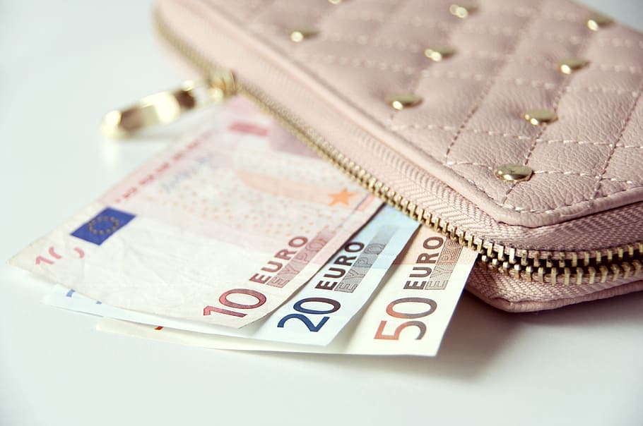 Notas de 10, 20, 50 euros, rosa, carteira, dinheiro, notas, euro, finanças, riqueza