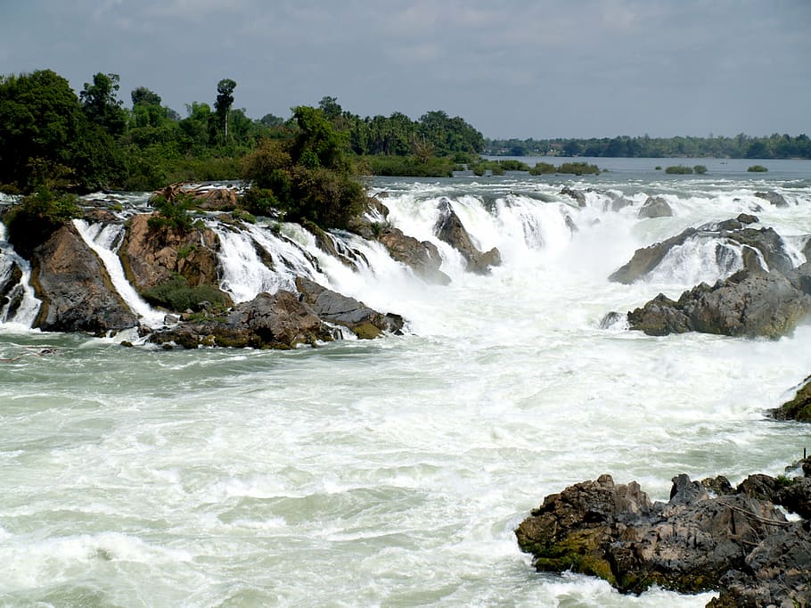 waterfalls during daytime, four thousand islands, laos, waterfall, jungle, landscape, river, scenery, stream, torrent