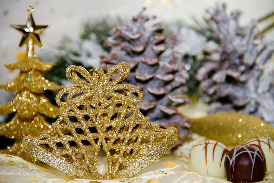 gold-colored tiara, gold christmas tree, christmas, bell, gold, chocolate, tree, star, pine cones, christmas ornaments