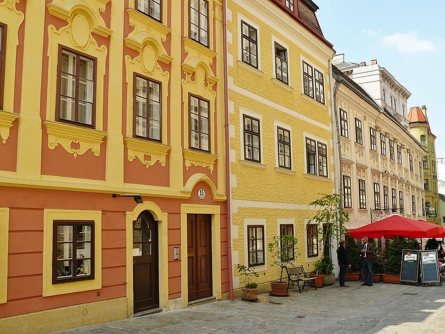 red, canopy infront, orange, yellow, painted, house, vienna, row of houses, architecture, places of interest