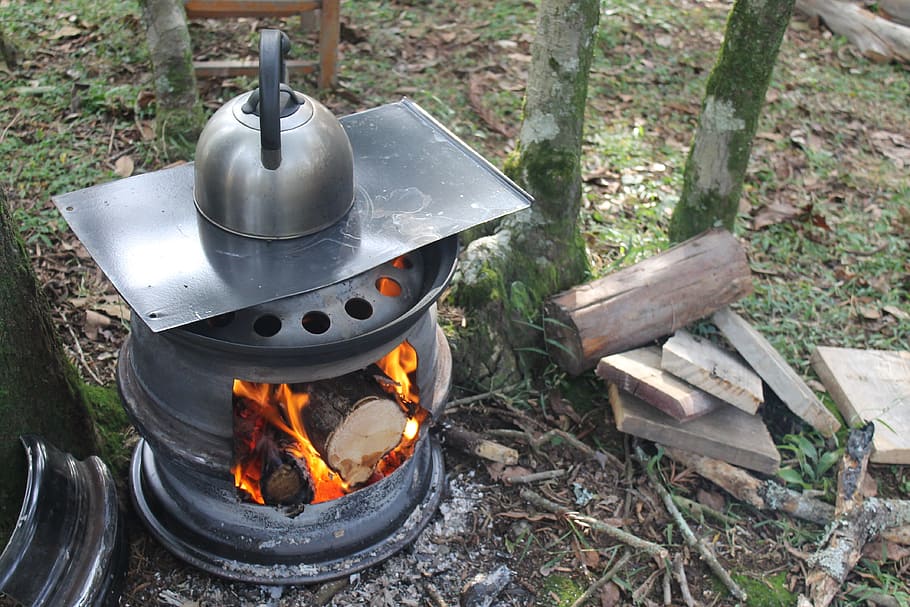 stove, firewood, pinion, fire, kettle, farm, morning, coffee, burning, fire - natural phenomenon