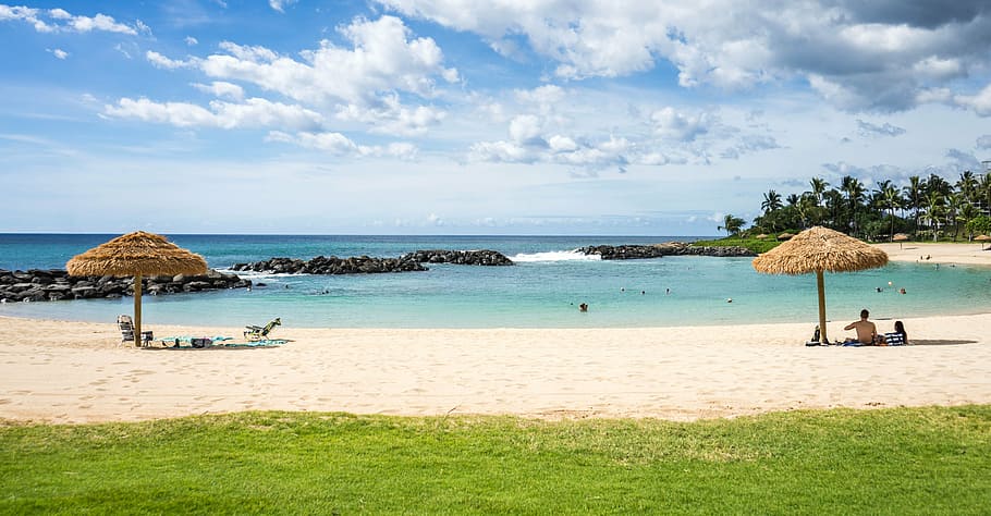 persona, tomando, foto, recurso, dos, marrón, de madera, paraguas de patio base, Hawai, playa