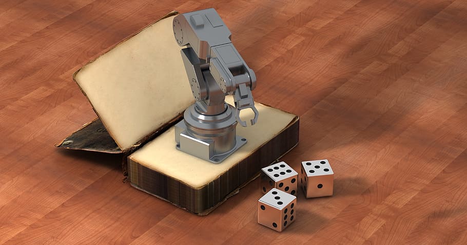 gray, metal hook tool, three, white, dice, book, robot, cube, simulation, robot arm