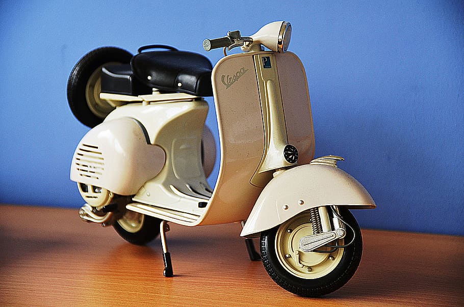 white, black, motor scooter, miniature, brown, wooden, surface, vespa, scooter, model