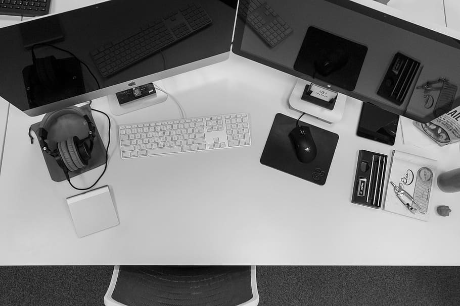 dua, monitor komputer, meja, mac, desktop, komputer, monitor, keyboard, mouse, headphone