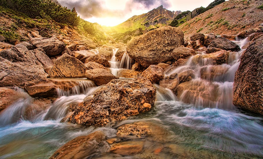 time lapse photography, falls, golden, hour time, waters, nature, river, waterfall, rock, alpine