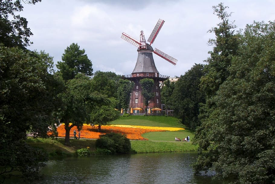 wind mill, trees, river, windmill, lake, park, landscape, city, bremen, germany