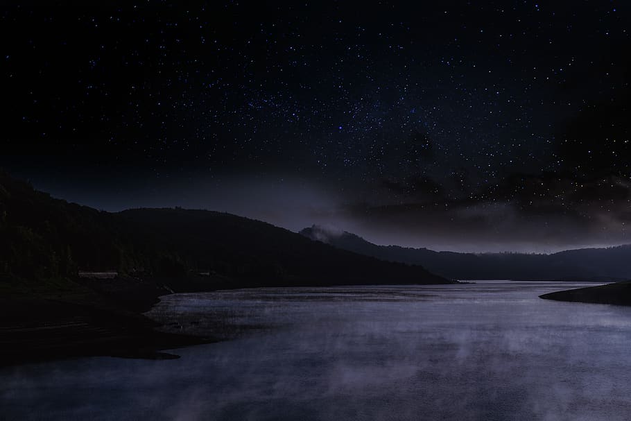 lake, water, waters, sky, star, starry sky, fog, steam, night, dark