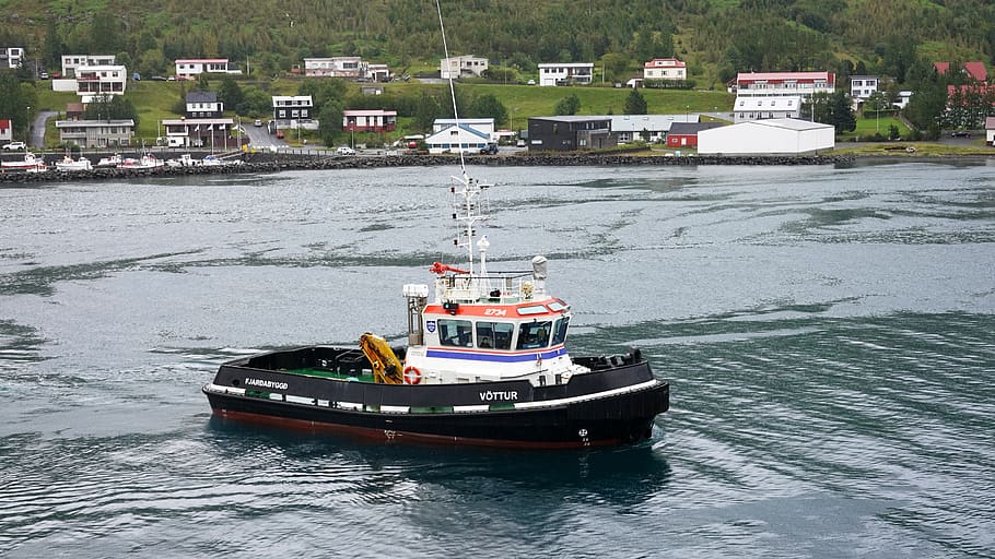 remolcador, puerto, eskifjörður, barco, agua, buque, costa, envío, mar, islandia