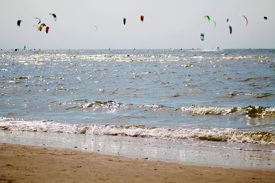 beach, kite, kite surfing, sky, flying, sea, wind, surf, water, glide