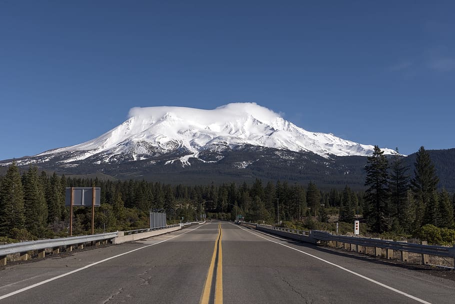 Mount Shasta, Snow, Highway, Landscape, clouds, trees, california, usa, alpine, peak