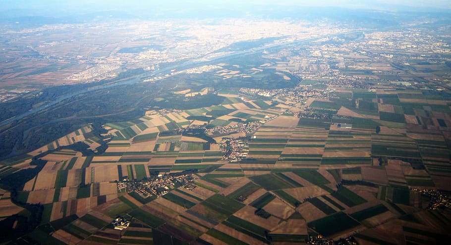 aérea, vista, ao redor, vista aérea, área, Groß-Enzersdorf, Áustria, fazendas, paisagem, paisagens